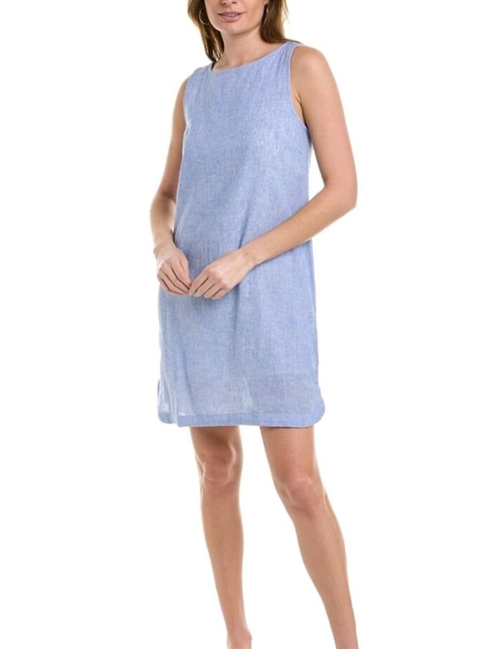 Beach Lunch Lounge Linen Shift Dress Blue White Stripe Sleeveless Lined Sz L